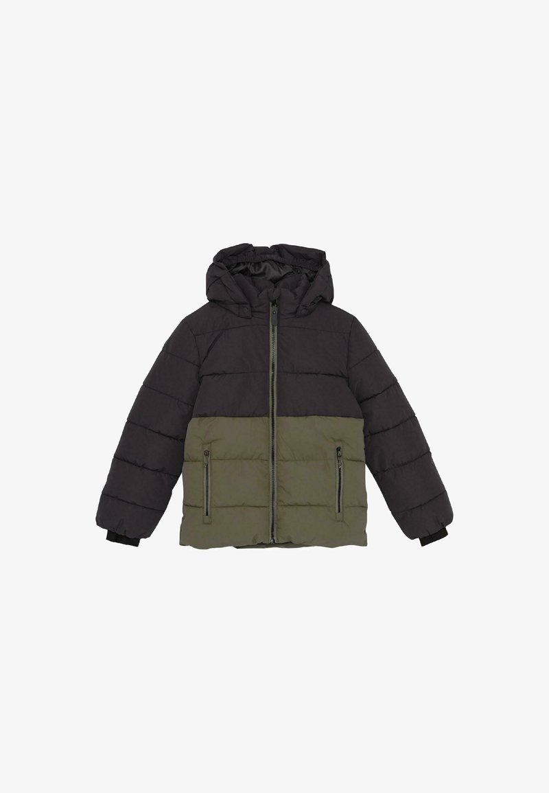 Pūkuota striukė su juoda viršutine dalimi ir aliejaus žalią apatine dalimi, su kapišonu, užtrauktuku priekyje ir dviem užtrauktukais uždaromomis šoninėmis kišenėmis.