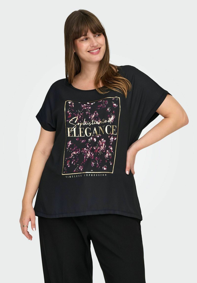 Camiseta negra de gran tamaño con mangas cortas, que presenta un gráfico floral y texto dorado. Tejido suave con un corte relajado y dobladillo curvado.