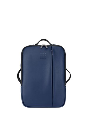 Zaino rettangolare blu con manici neri, doppia cerniera superiore e cerniera sottile verticale sulla tasca frontale.