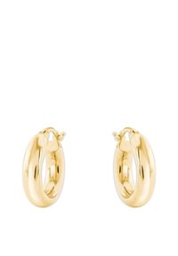 Ett par blanka, tjocka guldringar med gångjärnslås på en vit bakgrund.