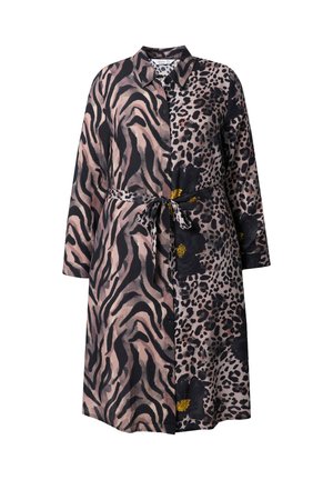 Knopfkleid mit einem Mix aus Leoparden- und Zebradruck in dunklen und hellen Farbtönen, mit tailliertem Bund und langen Ärmeln.
