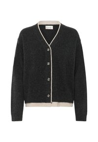 Cárdigan gris oscuro hecho de una tela suave; cuenta con un tamaño beige, un cuello en V, seis botones decorativos y mangas largas.