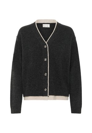 Tamsiai pilkas kardiganas, pagamintas iš minkštos medžiagos; su smėlio spalvos apvadu, V formos iškirpte, šešiais dekoratyviniais mygtukais ir ilgomis rankovėmis.