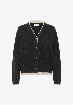 Mørkegrå cardigan lavet af blødt stof; har en beige kant, V-hals, seks dekorative knapper og lange ærmer.