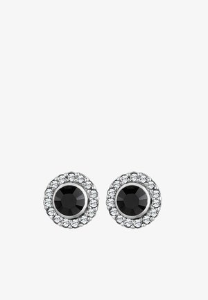 Boucles d'oreilles en pierre noire sous forme de cercle, entourées de petits cristaux transparents, montées dans un serti en métal argenté.