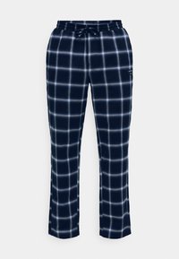 Mornarsko pamučne pidžama hlače s bijelim kariranim uzorkom, elastičnim pojasom, vezicom i detaljem džepa. Mekana tekstura i opušteni kroj.