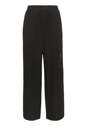 Schwarze weite Hosen mit elastischem Bund, Kordelzugverschluss und einer Reißverschlusstasche an der Seite. Hergestellt aus weichem, atmungsaktivem Material.