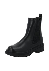 Czarne botki za kostkę ze gładką skórzaną cholewą, teksturowanymi elastycznymi panelami bocznymi oraz grubą gumową podeszwą z bieżnikiem dla lepszej przyczepności.