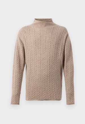 Maglione beige a maglia cable con collo alto, maniche lunghe, motivo testurizzato e dettagli a coste sui polsini e sull'orlo. Materiale morbido e confortevole.