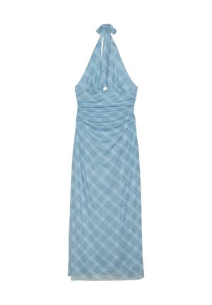 Hellblaues Neckholder-Maxikleid mit dezentem diagonalen Karomuster und gerafften Details an der Taille.