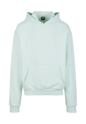 Sudadera con capucha en color verde menta, con un bolsillo frontal, puños acanalados y capucha con cordón. Tela suave y corte relajado.