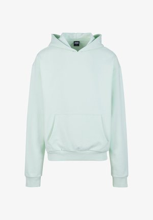 Mintgrüner Kapuzenpullover mit einer Fronttasche, gerippten Bündchen und einer Kordelzug-Kapuze. Weicher Stoff und lässige Passform.