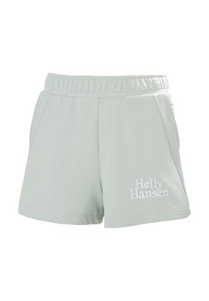 Shorts de algodón verde claro con cinturilla elástica, dos bolsillos laterales y el logotipo blanco de "Helly Hansen" en el lado izquierdo.