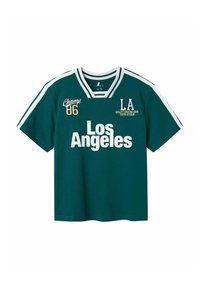 Tyrkis bomuld T-shirt med hvide accenter. Har "Los Angeles" i stor hvid skrift, "Champs 86" og et broderet LA-logo. V-hals design.