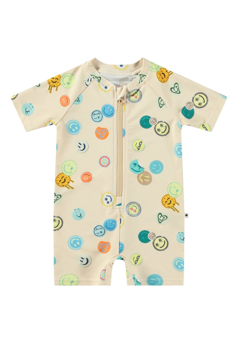 Kortermet beige baby romper med glidelås foran, med fargerike sirkulære smilende ansiktsmønstre i ulike nyanser av blått, grønt og oransje.