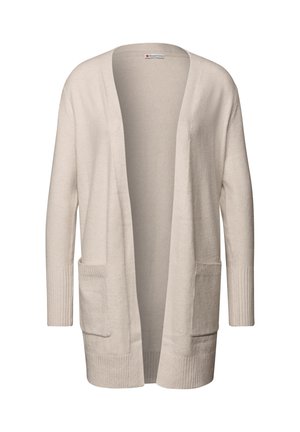 Cardigan beige clair en tissu doux, à l'avant ouvert, avec des manches longues, des poignets côtelés, et deux poches avant. Texture lisse avec des détails de conception minimaux.