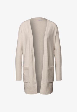 Lichtbeige cardigan van zachte stof, met een open voorkant, lange mouwen, geribbelde manchetten en twee voorzakken. Glad textuur met minimale ontwerpdetails.