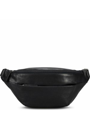 Sac banane en cuir noir avec une poche zippée devant et une fermeture principale zippée, conçu pour être porté autour de la taille ou en travers du corps.