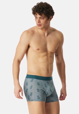 Shirtless man with curly hair wearing gray boxer briefs with dark green pineapples, standing against a plain light background.