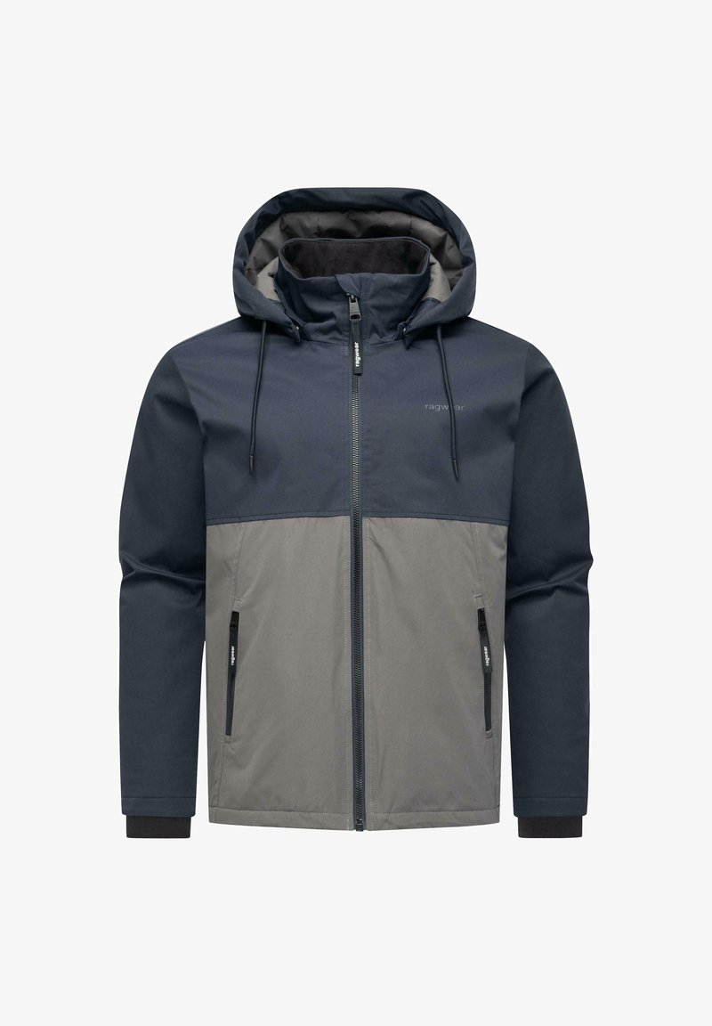 Heren hoodie met marineblauw bovenstuk en mouwen, en lichtgrijze onderkant, met een ritssluiting aan de voorkant en ritszakken aan de zijkanten.