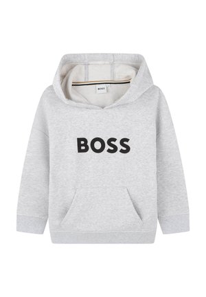 Hoodie gris en tissu en mélange de coton, avec une poche avant et un grand logo "BOSS" noir. Il est doté d'une capuche ajustable avec cordon.