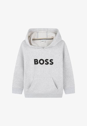 Felpa grigia in tessuto misto cotone, con tasca frontale e grande logo nero "BOSS". Ha un cappuccio regolabile con cordino.