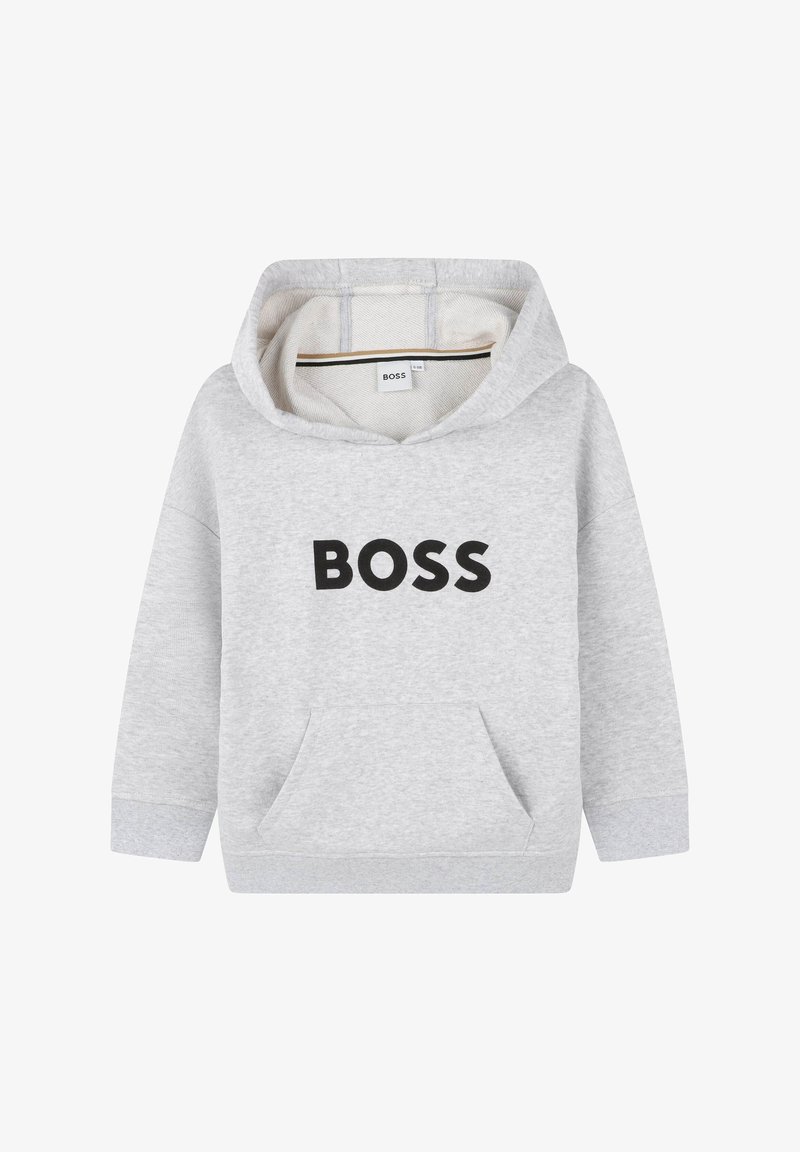 Hoodie gris en tissu en mélange de coton, avec une poche avant et un grand logo "BOSS" noir. Il est doté d'une capuche ajustable avec cordon.