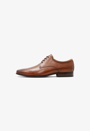 Braune Leder-Dressschuhe mit glatten Oberflächen, runder Zehenpartie und fünf Ösen für die Schnürsenkel. Verfügt über eine kontrastierende genähte Naht und einen Holzabsatz.