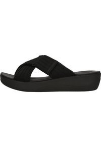 Zwarte flip-flop sandaal met geweven stoffen banden, platformzool en gebogen design. Bevat een textuurband voor extra grip.