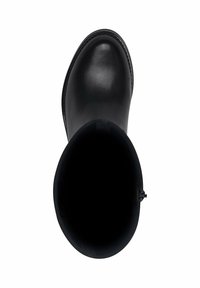 Black leather ankle boot with a smooth texture, rounded toe, and a high shaft. Features minimal stitching and a side zipper.