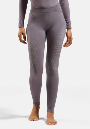 Leggings aus weichem, dehnbarem Stoff, hellgrau mit einem strukturierten Punktmuster. Hoher Bund und taillierte Passform für Komfort und Bewegungsfreiheit.
