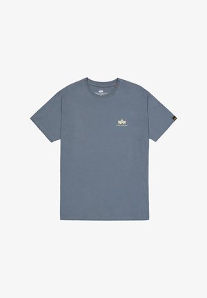 Szara bawełniana koszulka z okrągłym dekoltem, krótkimi rękawami i małym żółtym logo na piersi. Posiada prosty dół.