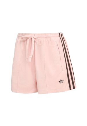 Ružové fleecové šortky s elastickým pásom a nastaviteľnou šnúrkou. Bočná vrecko a tri tmavé pruhy po stranách. Logo Adidas vpredu.