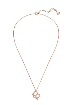 Delicado collar de cadena de oro rosa con un colgante de dos anillos con cuentas conectados y un cierre ajustable con un pequeño charm de hoja.