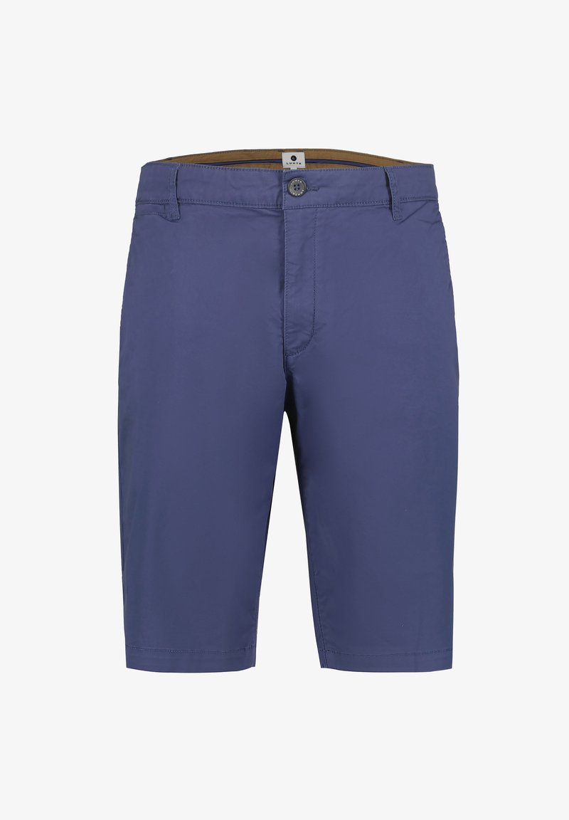 Pantalones cortos para hombre de color azul marino hasta la rodilla, con cierre de botón y cremallera, y trabillas para cinturón, diseño sencillo sin bolsillos visibles.