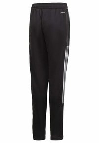 Pantalones deportivos negros con textura suave, cinturilla elástica y rayas blancas en los laterales. Presentan piernas ajustadas y bolsillos laterales.