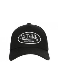 Casquette de baseball noire en coton avec une visière incurvée. Comprend un logo brodé blanc "Von Dutch CALIFORNIA" dans un design ovale.