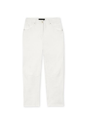 White denim pants with a straight leg design, featuring front pockets, metal button closure, and textured fabric. No visible patterns or accents.