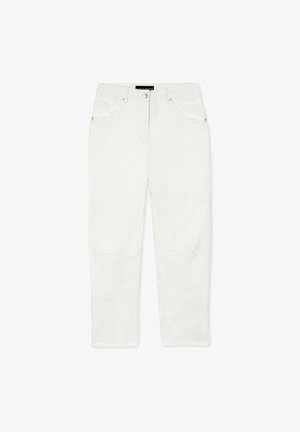 Weiße Jeanshose mit geradem Bein, ausgestattet mit Fronttaschen, metallischem Knopfverschluss und strukturiertem Stoff. Keine sichtbaren Muster oder Akzente.