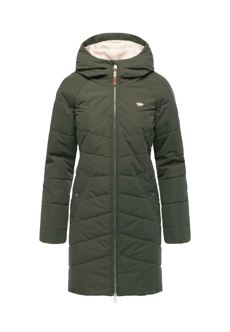 Dark green padded coat with a hood, featuring a front zipper, two side pockets, and a soft cream lining. Horizontal stitching pattern throughout.