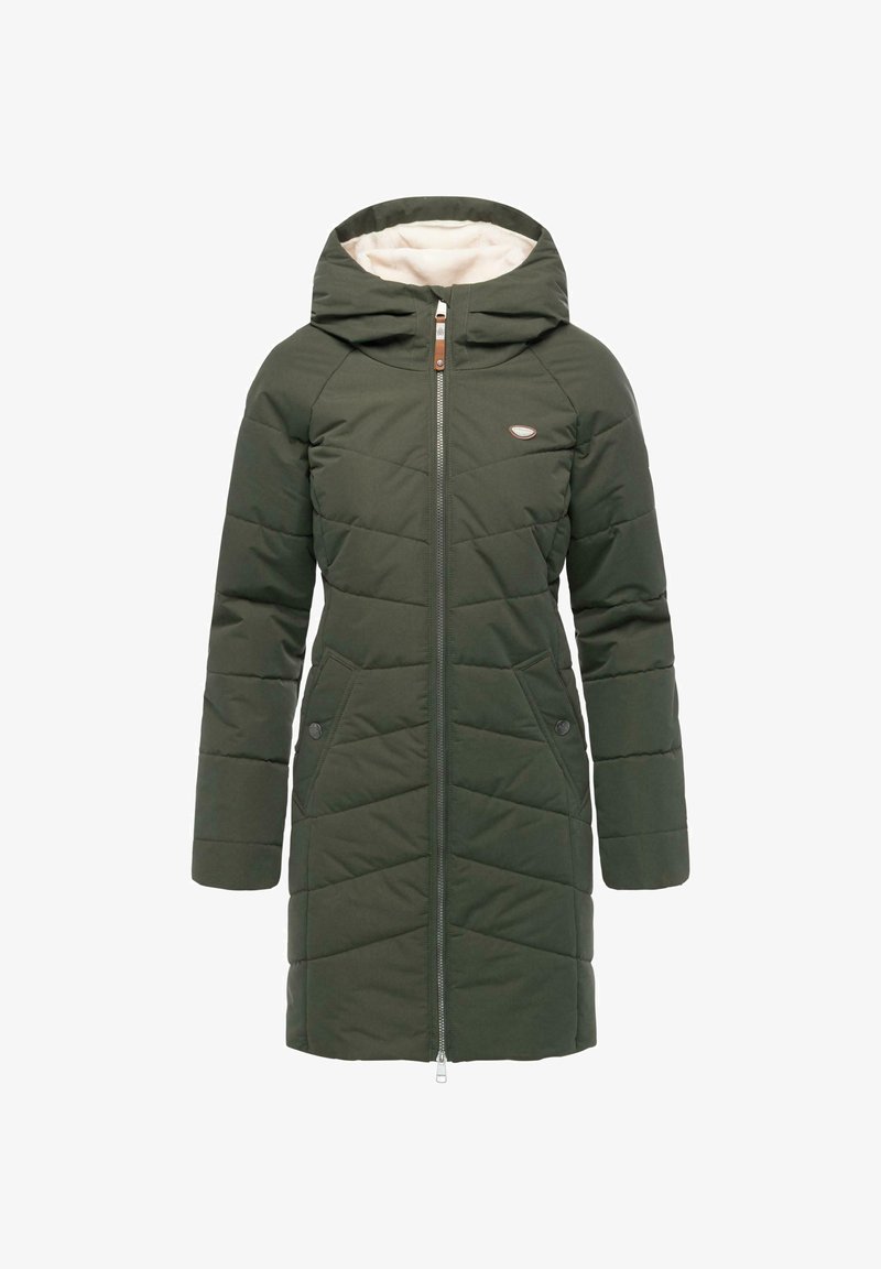 Dark green padded coat with a hood, featuring a front zipper, two side pockets, and a soft cream lining. Horizontal stitching pattern throughout.