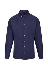 Marineblå langermet skjorte med knapper, laget av strukturert stoff. Har krage og standard hvite knapper foran.