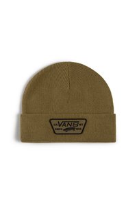 Olivově zelená pletená čepice s černou nášivkou, na které je text "VANS NY" a grafika skateboardu, navržena pro těsné padnutí.