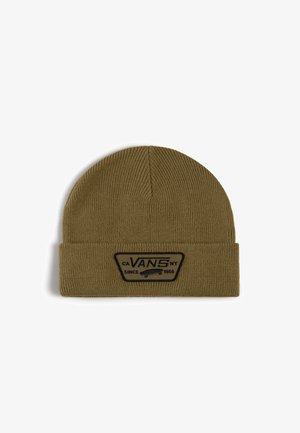 Olivově zelená pletená čepice s černou nášivkou, na které je text "VANS NY" a grafika skateboardu, navržena pro těsné padnutí.