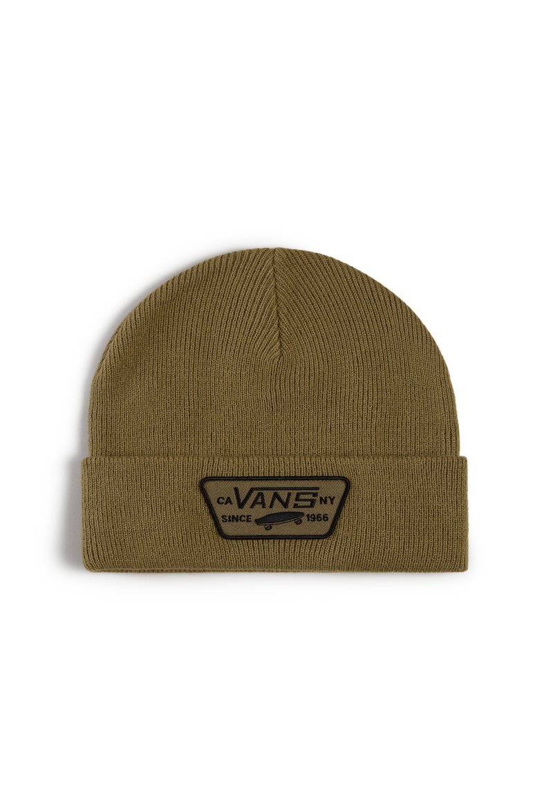 Olivově zelená pletená čepice s černou nášivkou, na které je text "VANS NY" a grafika skateboardu, navržena pro těsné padnutí.