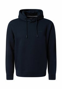 Marineblaue Kapuzenpullover aus weichem Stoff. Mit einer Kordelzugkapuze, gerippten Bündchen und einem kleinen Logo im Brustbereich.