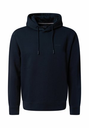 Sweatshirt à capuche bleu marine en tissu doux. Comprend une capuche avec cordon de serrage, des poignets côtelés et un petit logo sur la poitrine.