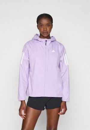 Light lavender windbreaker with a hood, zip closure, and white three-stripe accents on the sleeves. Lightweight, smooth texture.