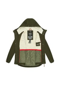 Olive green jacket with a faux fur lining, featuring a hood, zip closure, interior pockets, and red accents on the quilted lining.