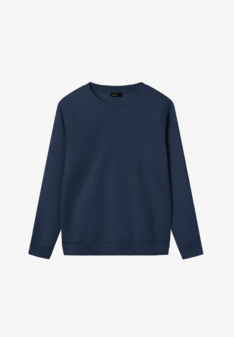 Sweat-shirt bleu marine à manches longues avec col rond, poignets et ourlet côtelés, présenté sur un fond blanc.